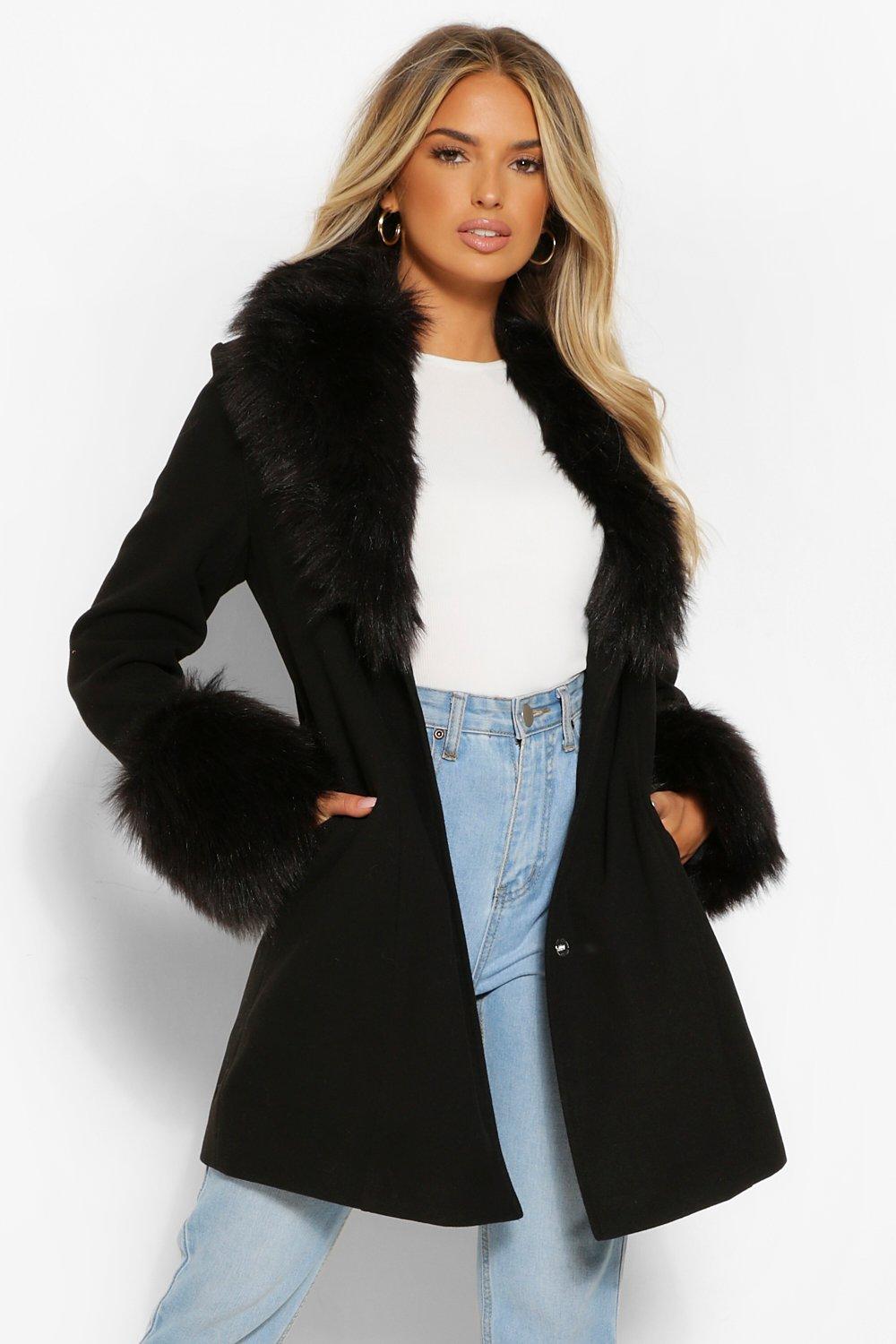 Faux Fur Collar Cuff Wool Look Coat