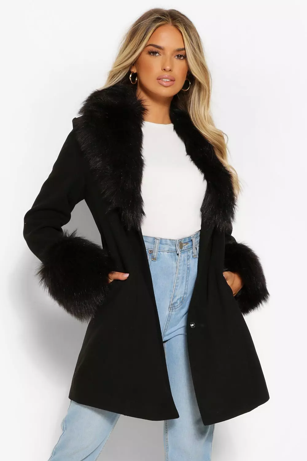 klasse Voorzieningen Zwakheid Nepwollen Jas Met Faux Fur Kraag En Manchettes | boohoo