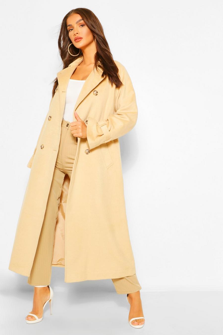 Camel Belted Wool Look Trench Coat image number 1