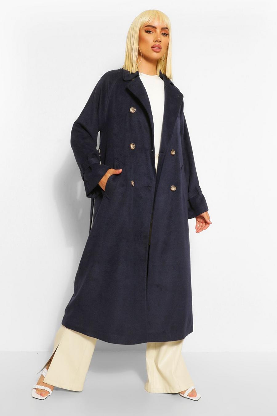 Navy Belted Wool Look Trench Coat image number 1