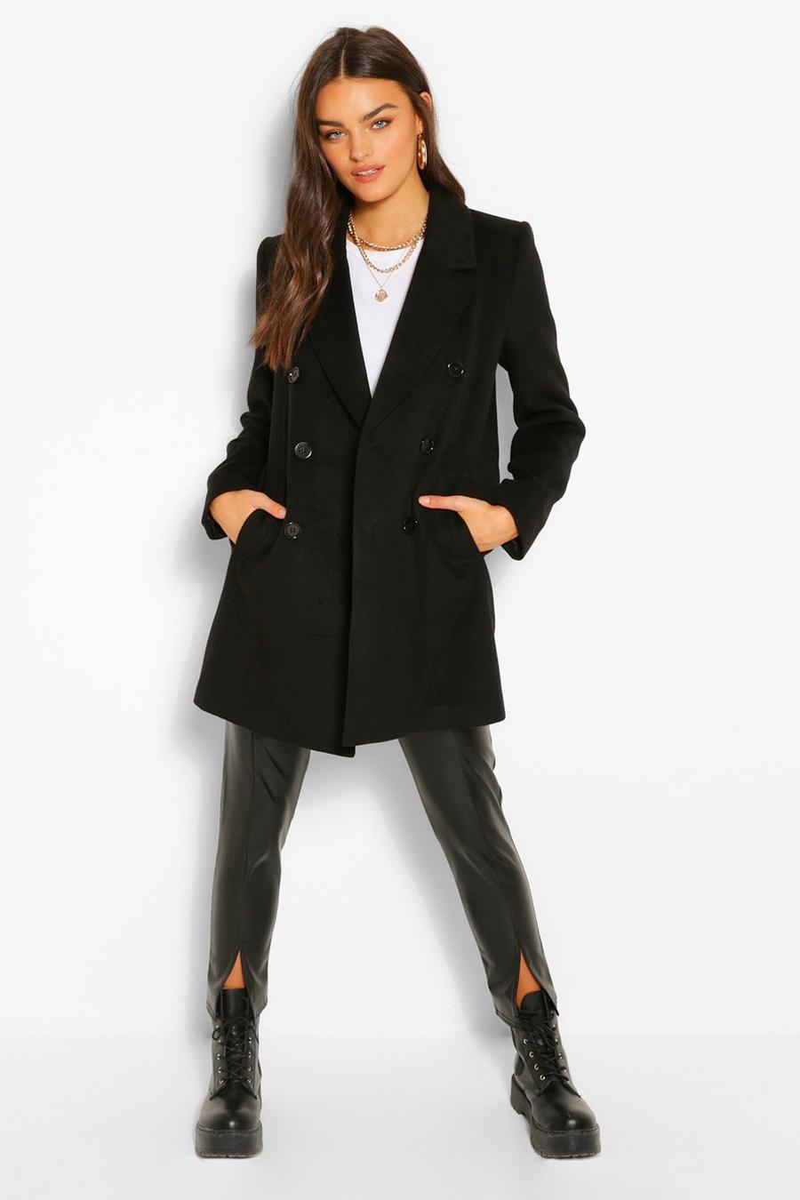 Black Double Breasted Wool Look Coat image number 1
