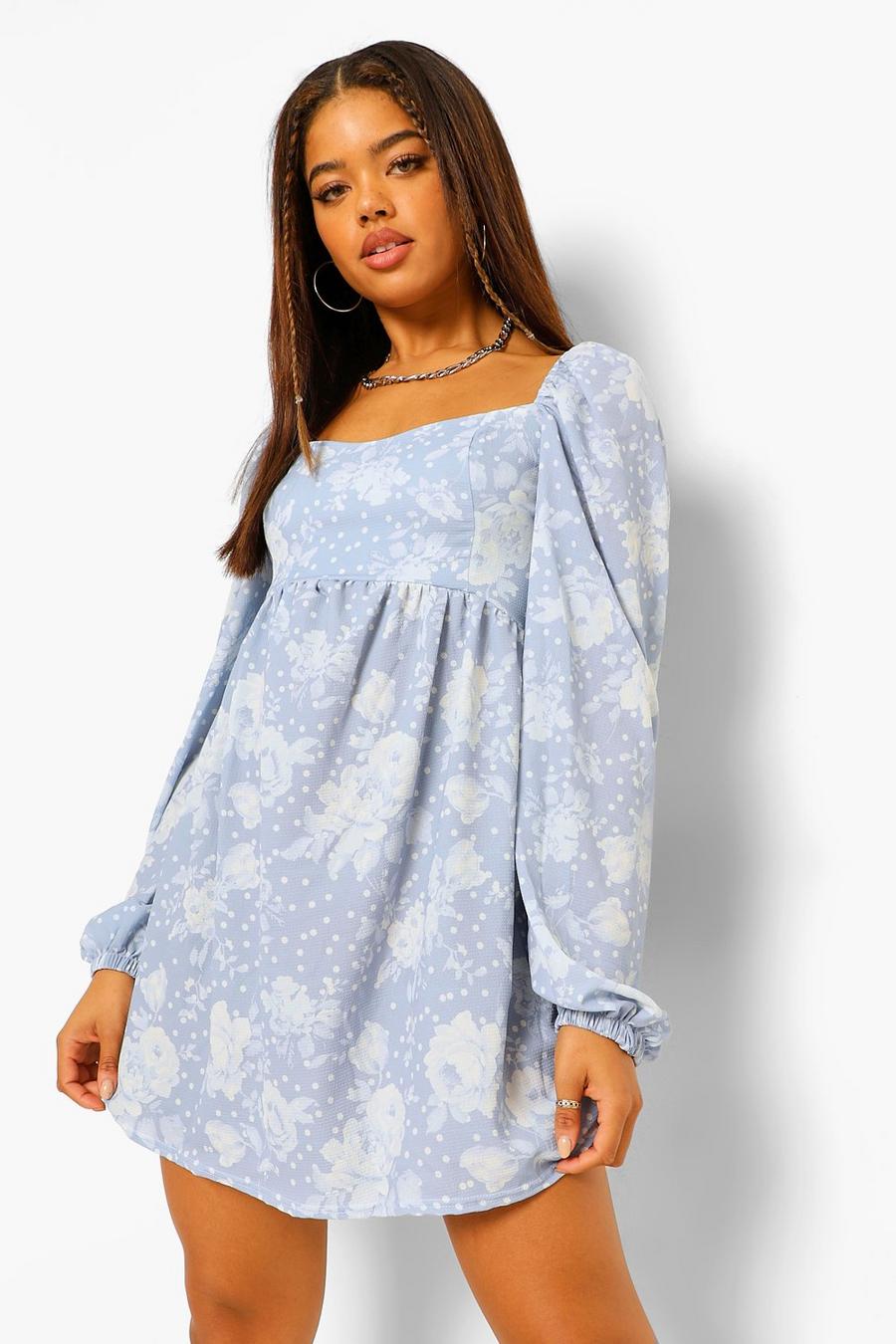 Blue Woven Floral and Spot Balloon Sleeve Skater Dress image number 1