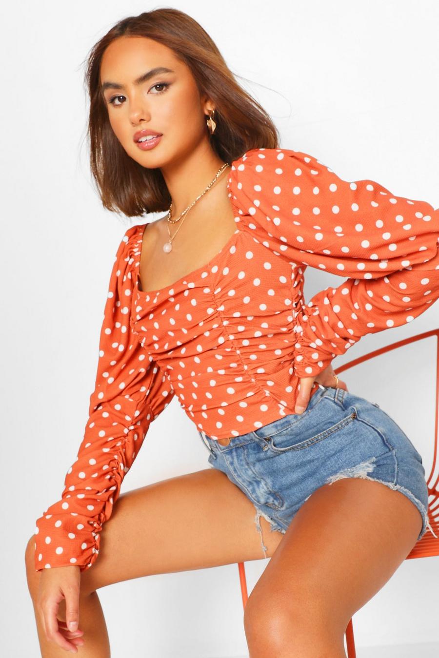 Rust orange Woven Spot Polka Dot Ruched Puff Sleeve Top image number 1