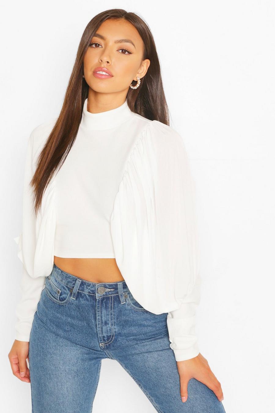 Ivory High Neck Extreme Puff Sleeve Crop Top image number 1