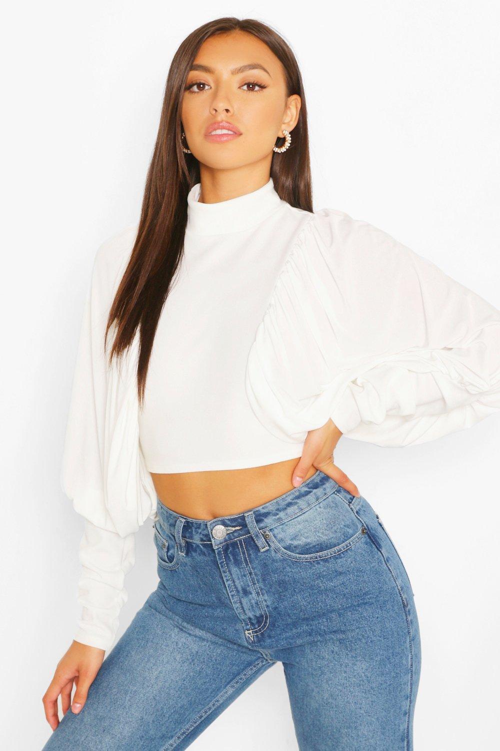 White High Neck Long Sleeve Crop Top