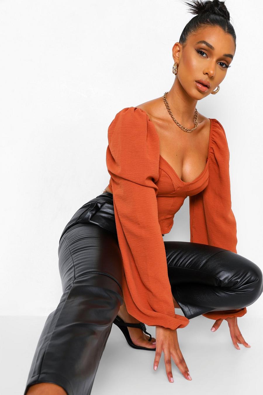 Rust Woven Crepe Corset Extreme Blouson Sleeve Top image number 1