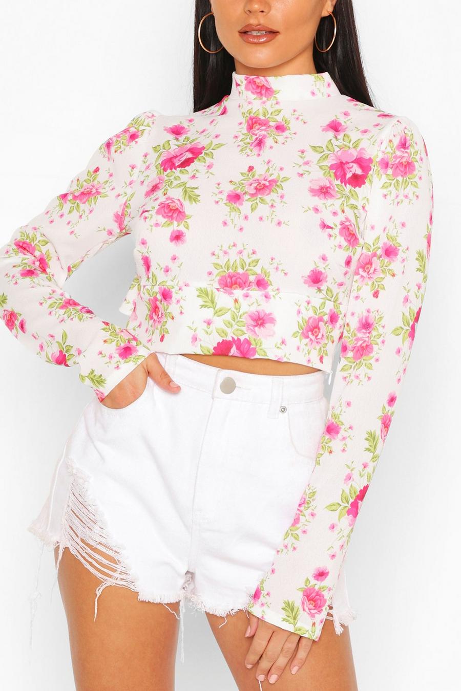 White Floral Woven Ruffle Open Back Crop Top image number 1