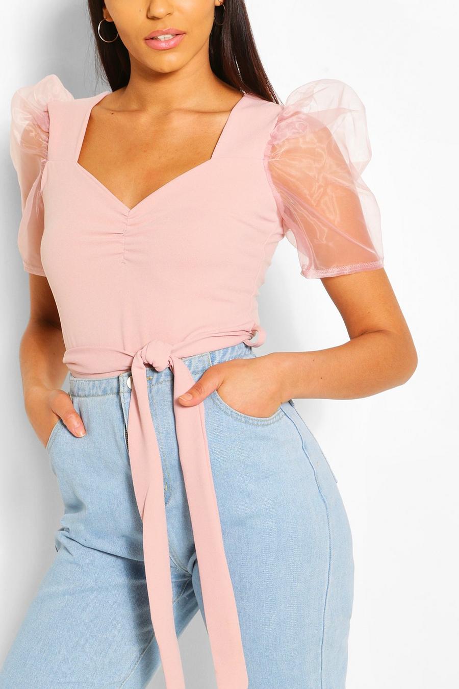 Blush Organza Sleeve Sweetheart Belted Top image number 1