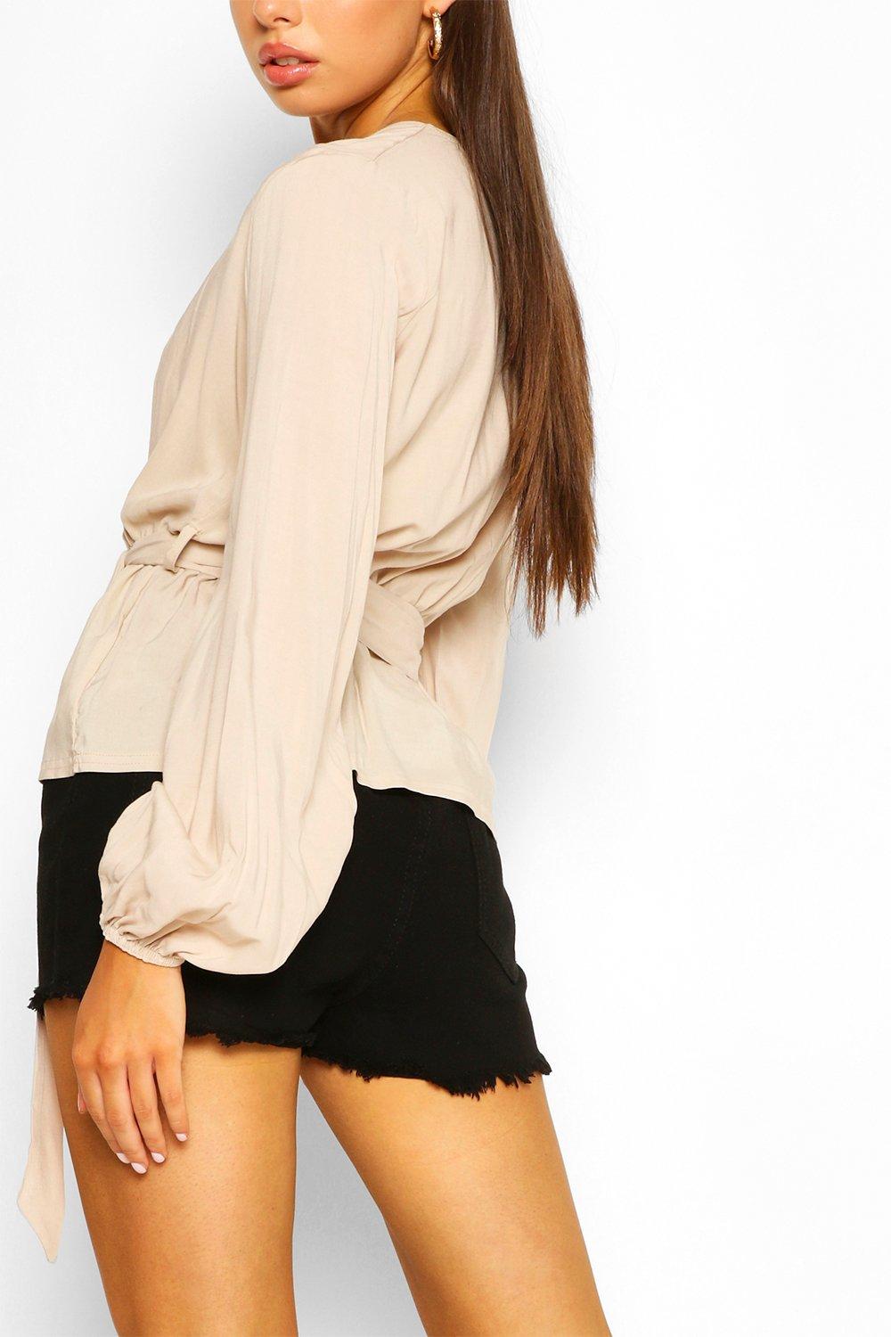 Cream Textured Woven Plunge Tie Waist Blouse