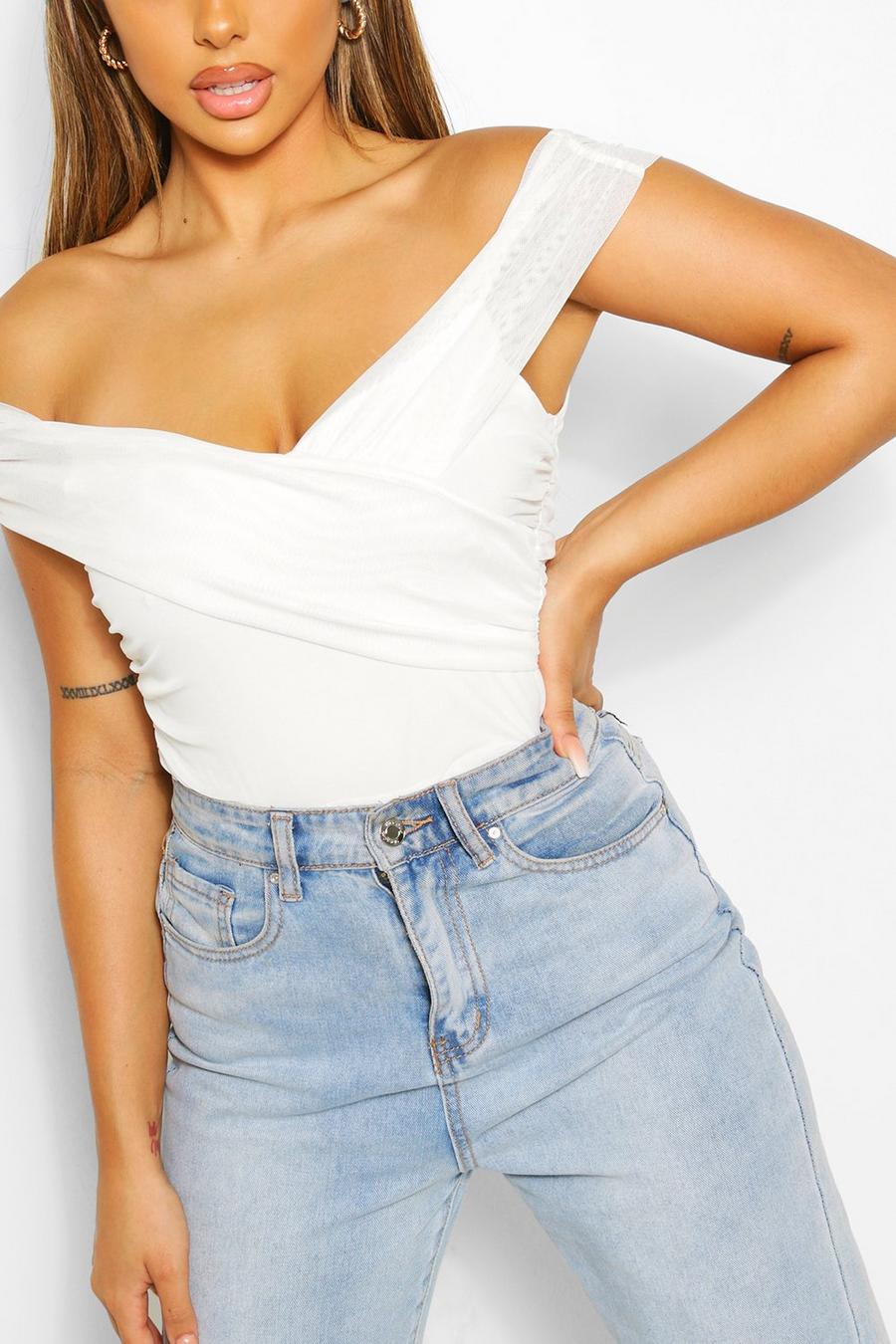 White Off The Shoulder Mesh Wrap Bodysuit image number 1