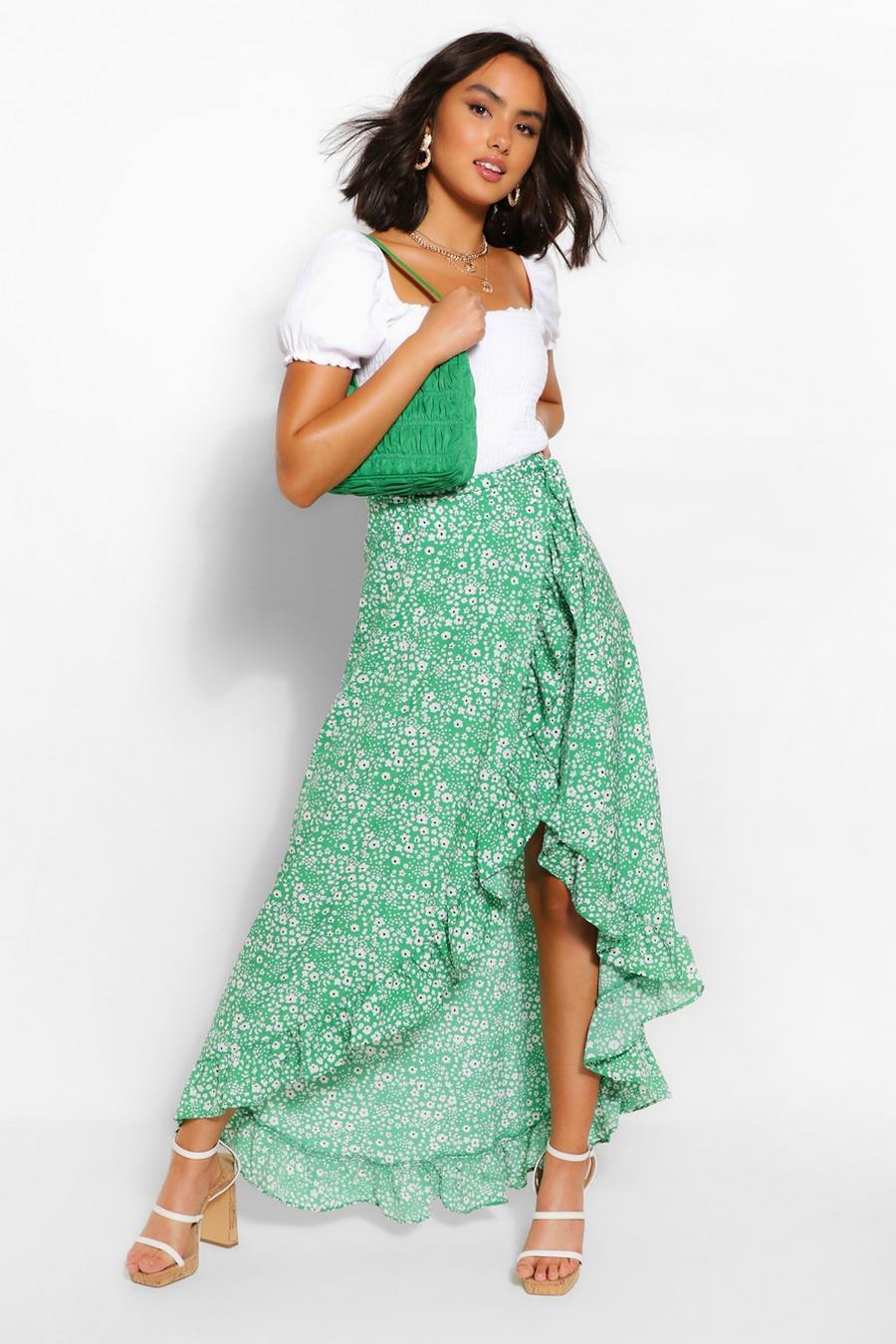 Emerald green Wrap Ruffle Hem Floral Maxi Skirt