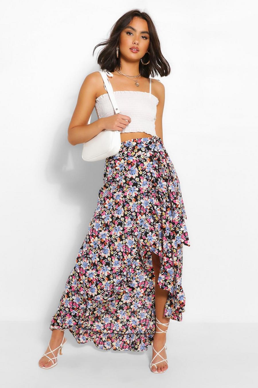 Floral Wrap Ruffle Hem Maxi Skirt image number 1