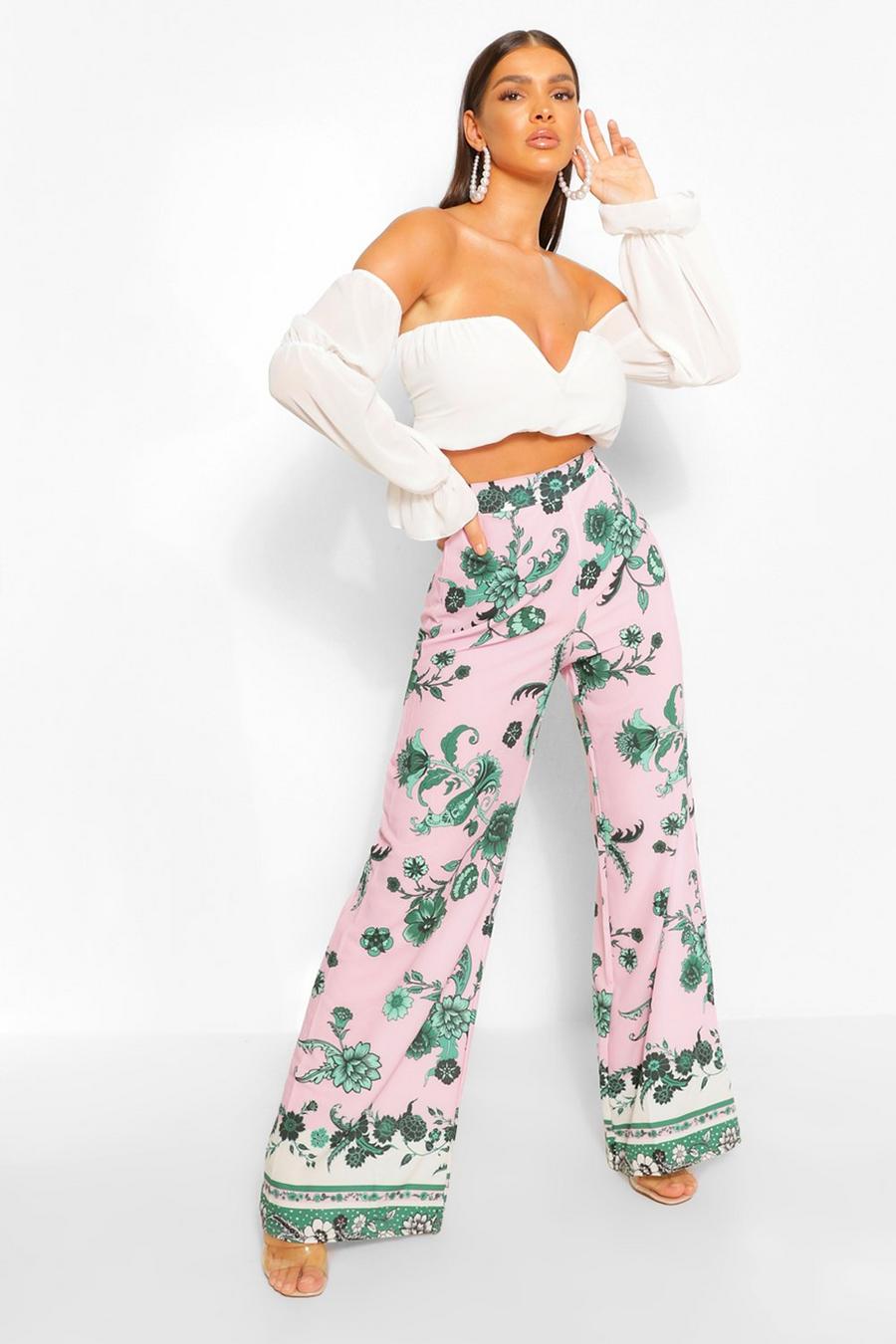 Pink Scarf Print Wide Leg Trousers image number 1