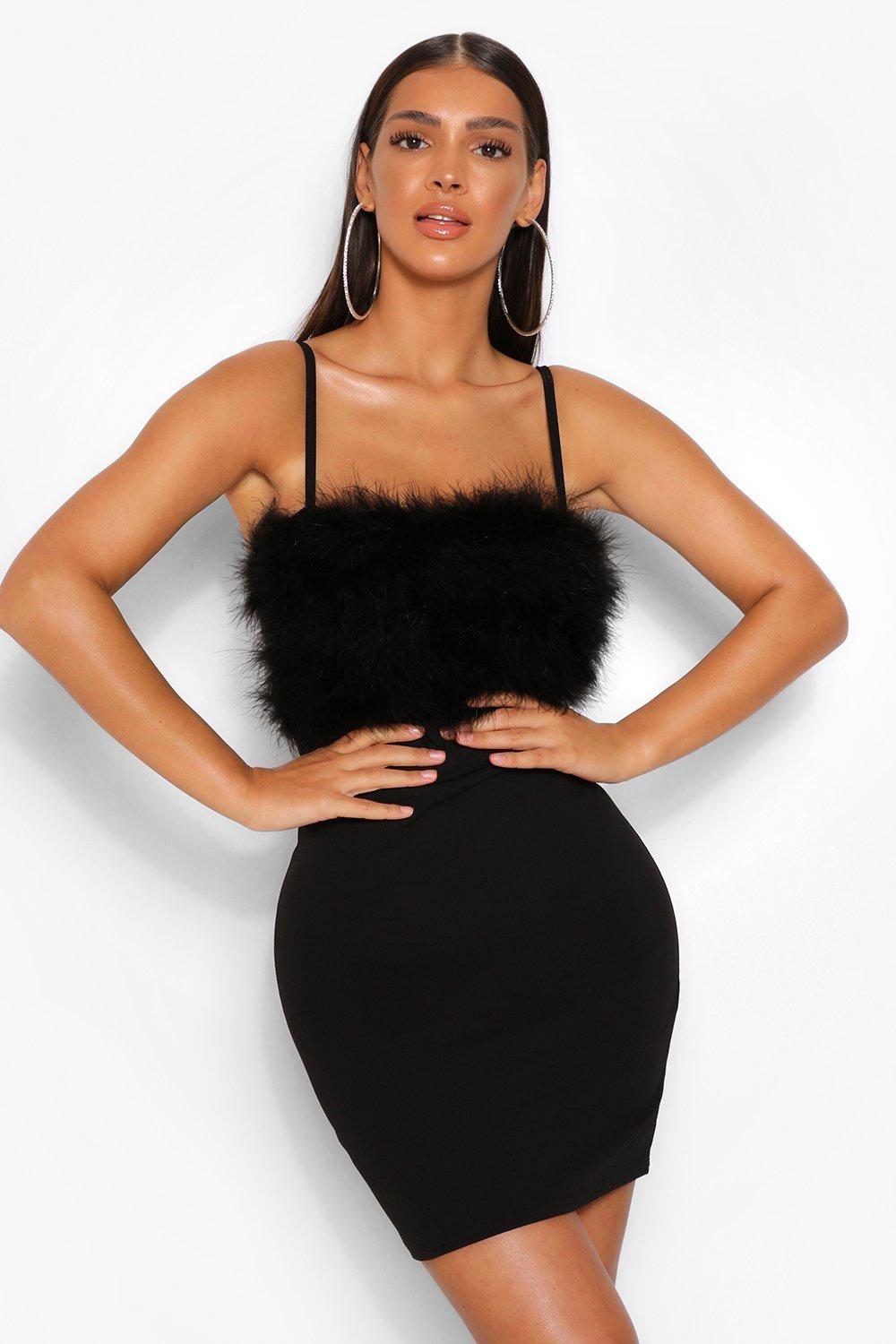 Black mini clearance dress with feathers