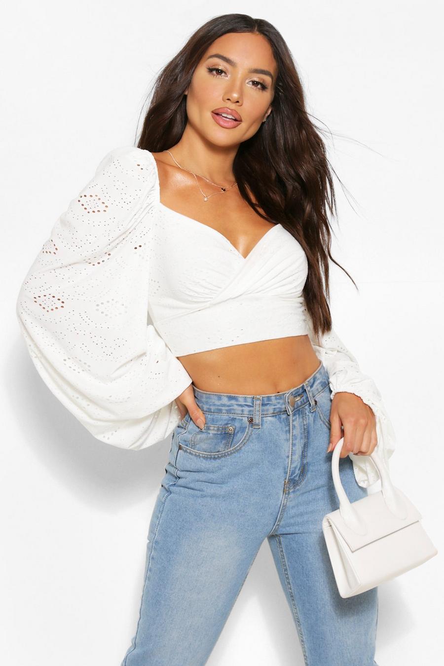 White Jersey Broderie Balloon Sleeve Crop Top image number 1