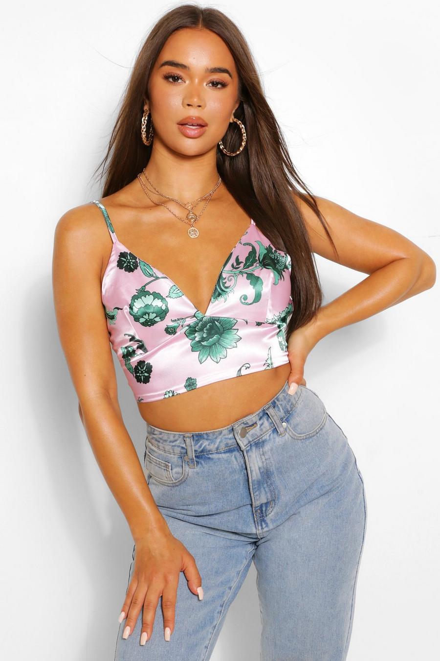 Pink Scarf Print Satin Strappy Crop Top image number 1