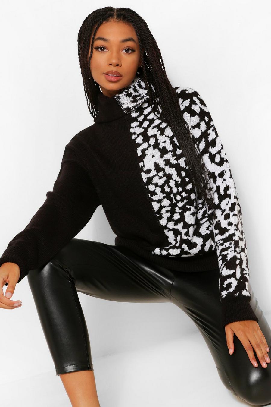 Black Leopard Spliced Print Turtleneck Sweater image number 1