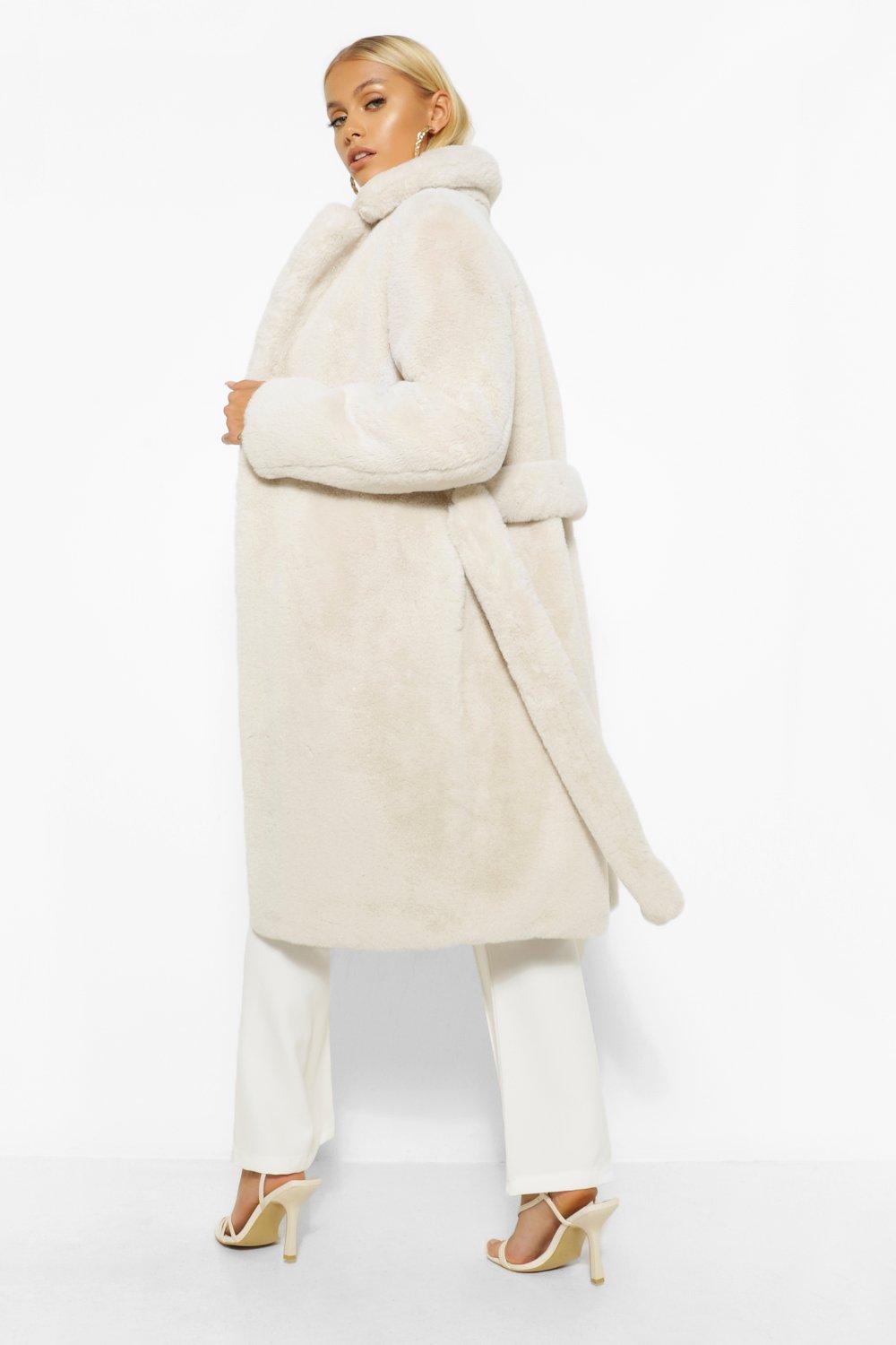 Cream belted faux 2025 fur robe coat