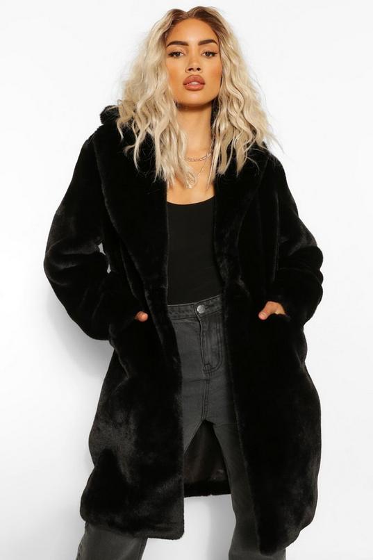 Plush Faux Fur Coat Boohoo, Boohoo Hooded Faux Fur Coat Black