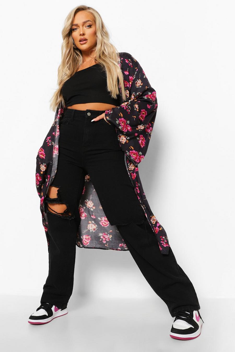 Black Woven Floral Print Wide Sleeve Kimono image number 1