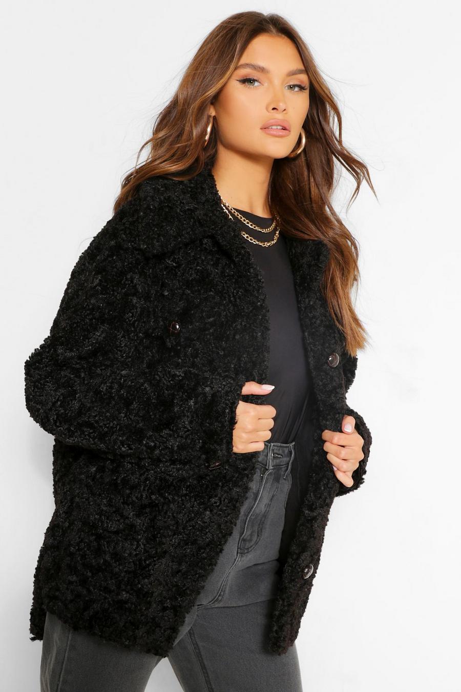 Black Faux Shearling Button Through Shacket image number 1