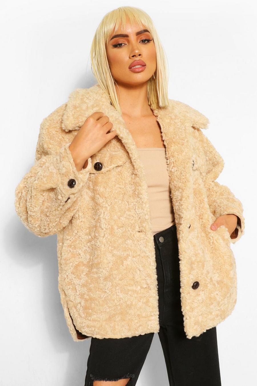 Oatmeal beige Faux Shearling Button Through Shacket image number 1