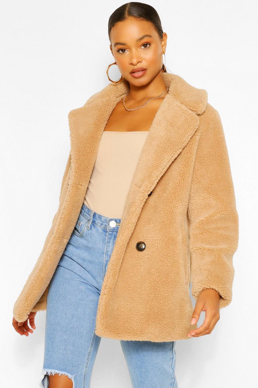 Camel Double Breasted Teddy Faux Fur Coat image number 1