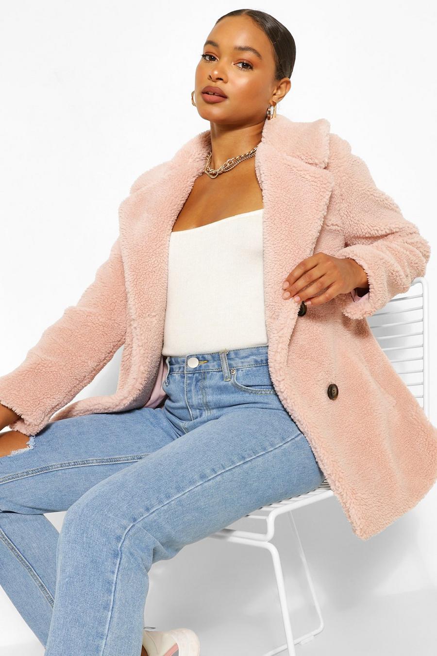 Dusky pink Double Breasted Teddy Faux Fur Coat image number 1
