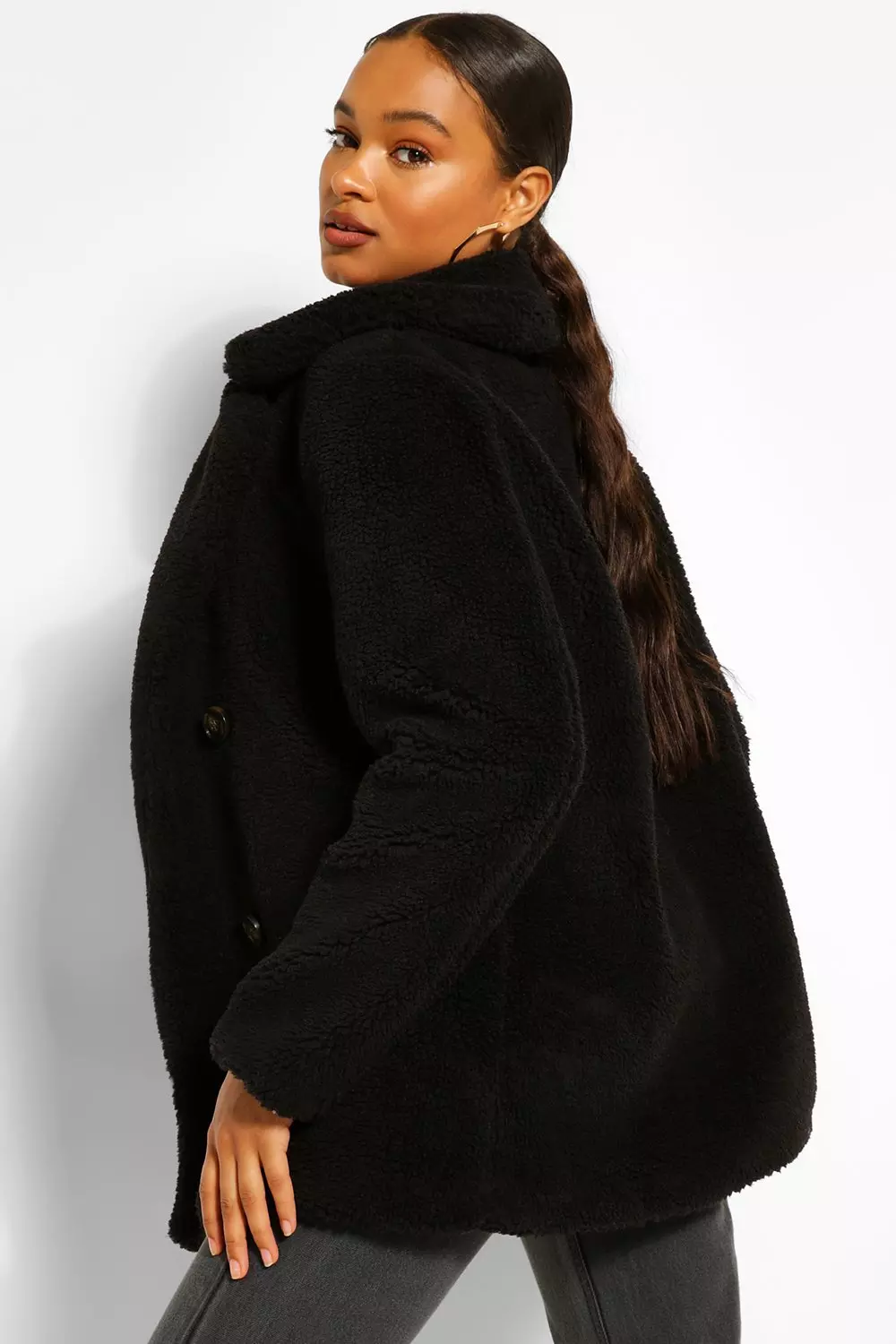 Double breasted teddy faux fur clearance coat