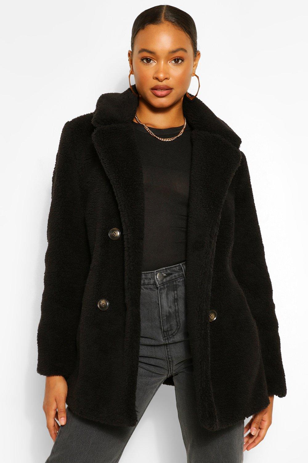 boohoo Double Breasted Faux Fur Coat - Brown - Size 10