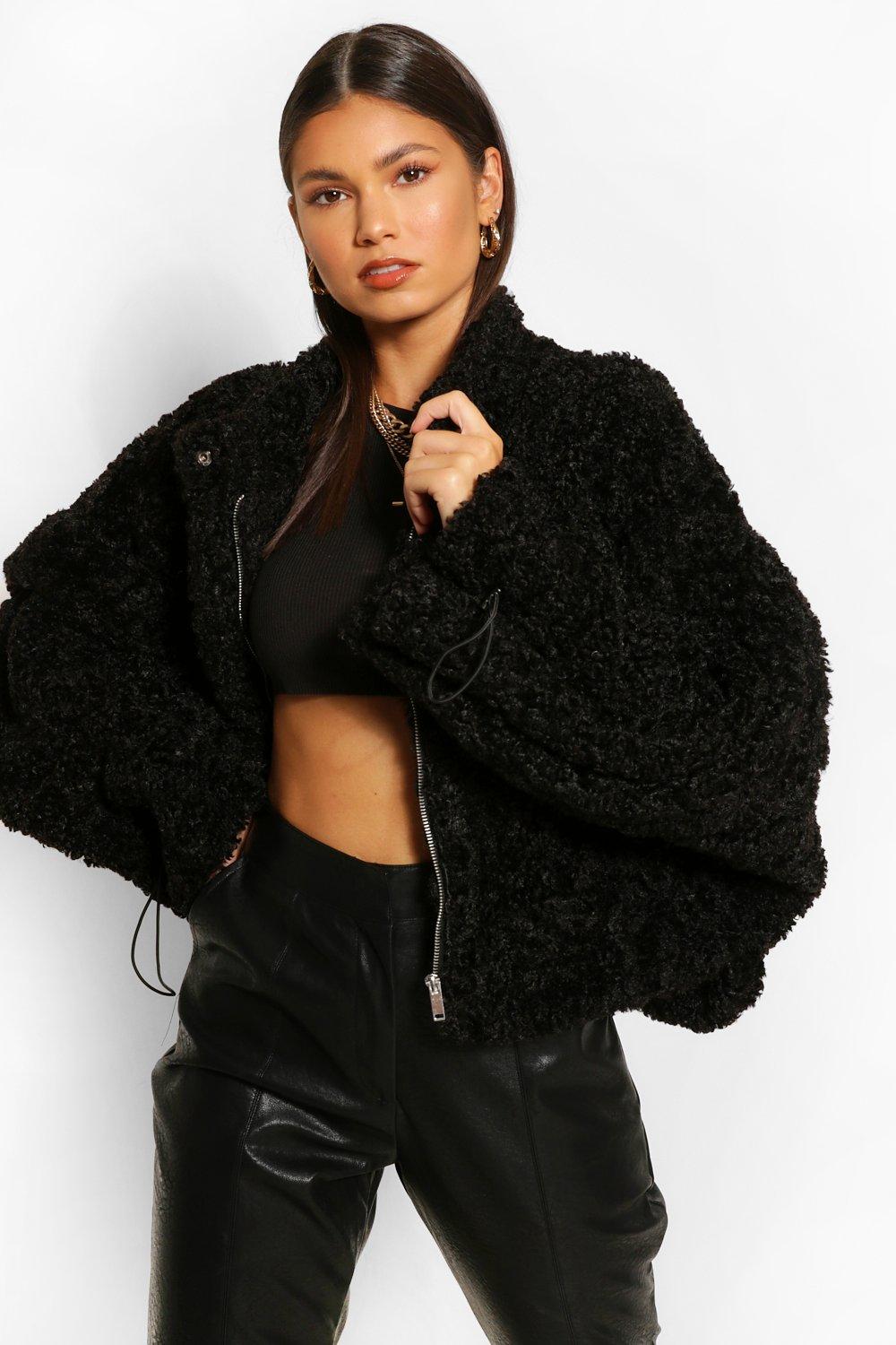 Black cropped teddy coat online