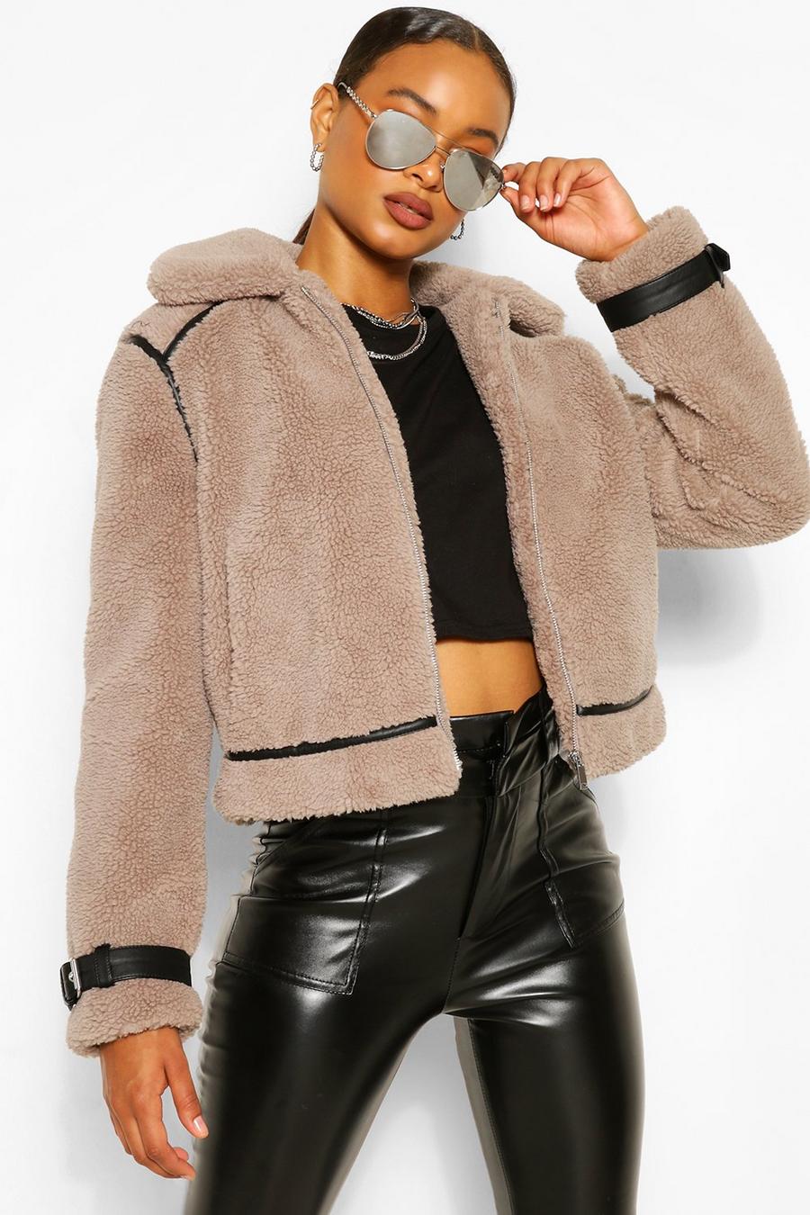 Faux Leather Trim Teddy Faux Fur Aviator image number 1