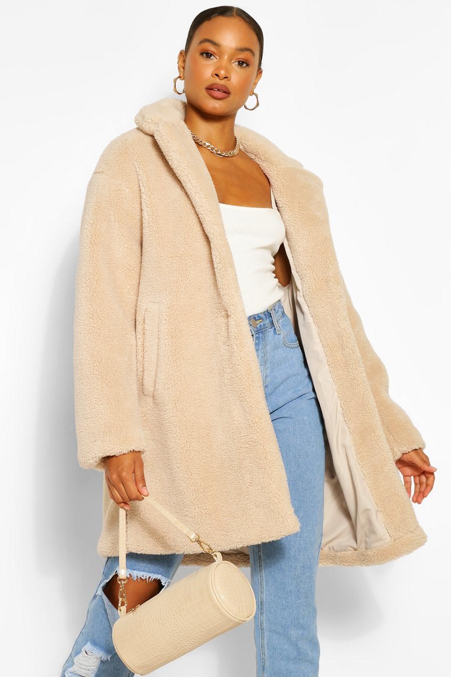 Stone beige Button Through Teddy Faux Fur Coat image number 1