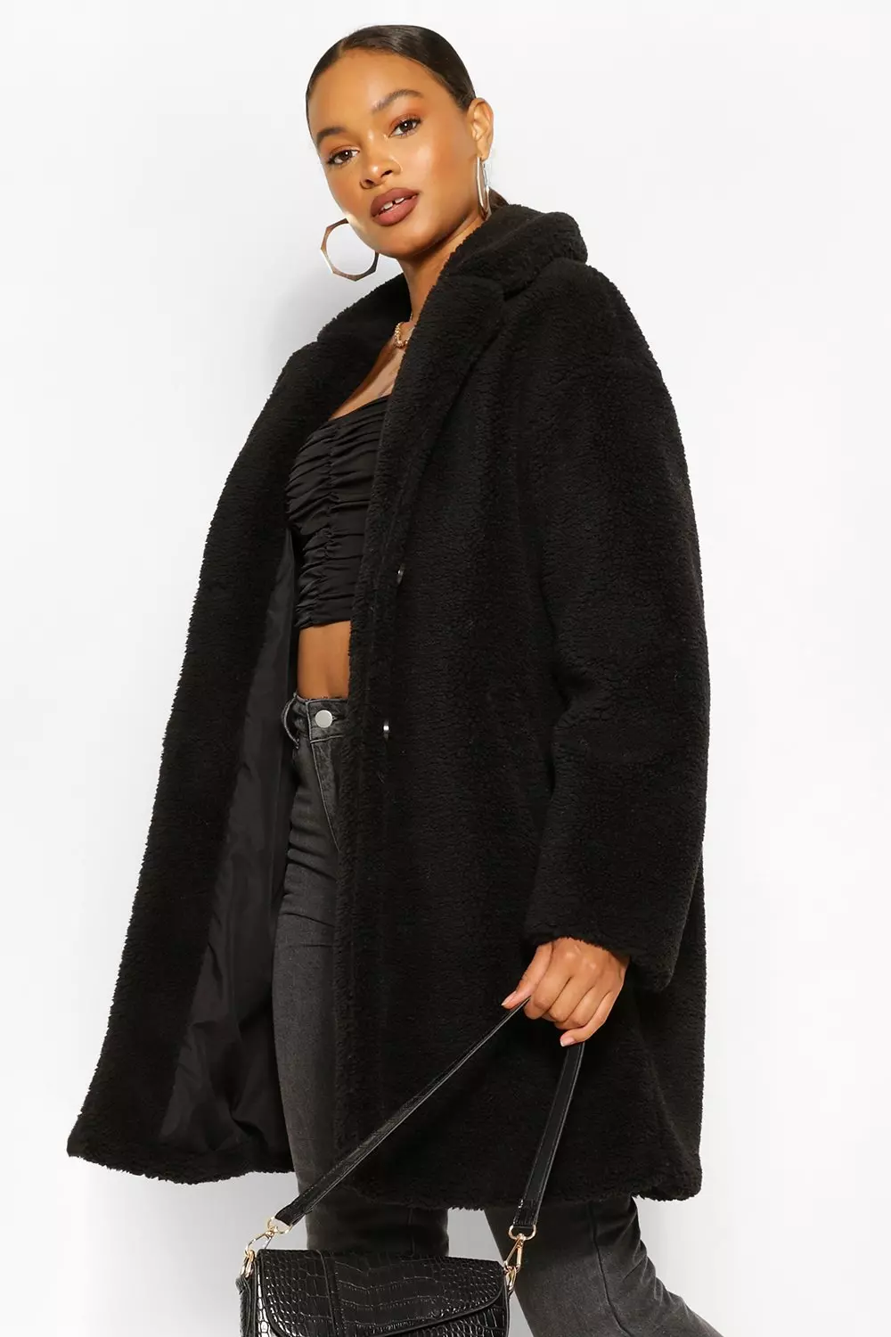 Boohoo black 2025 teddy coat