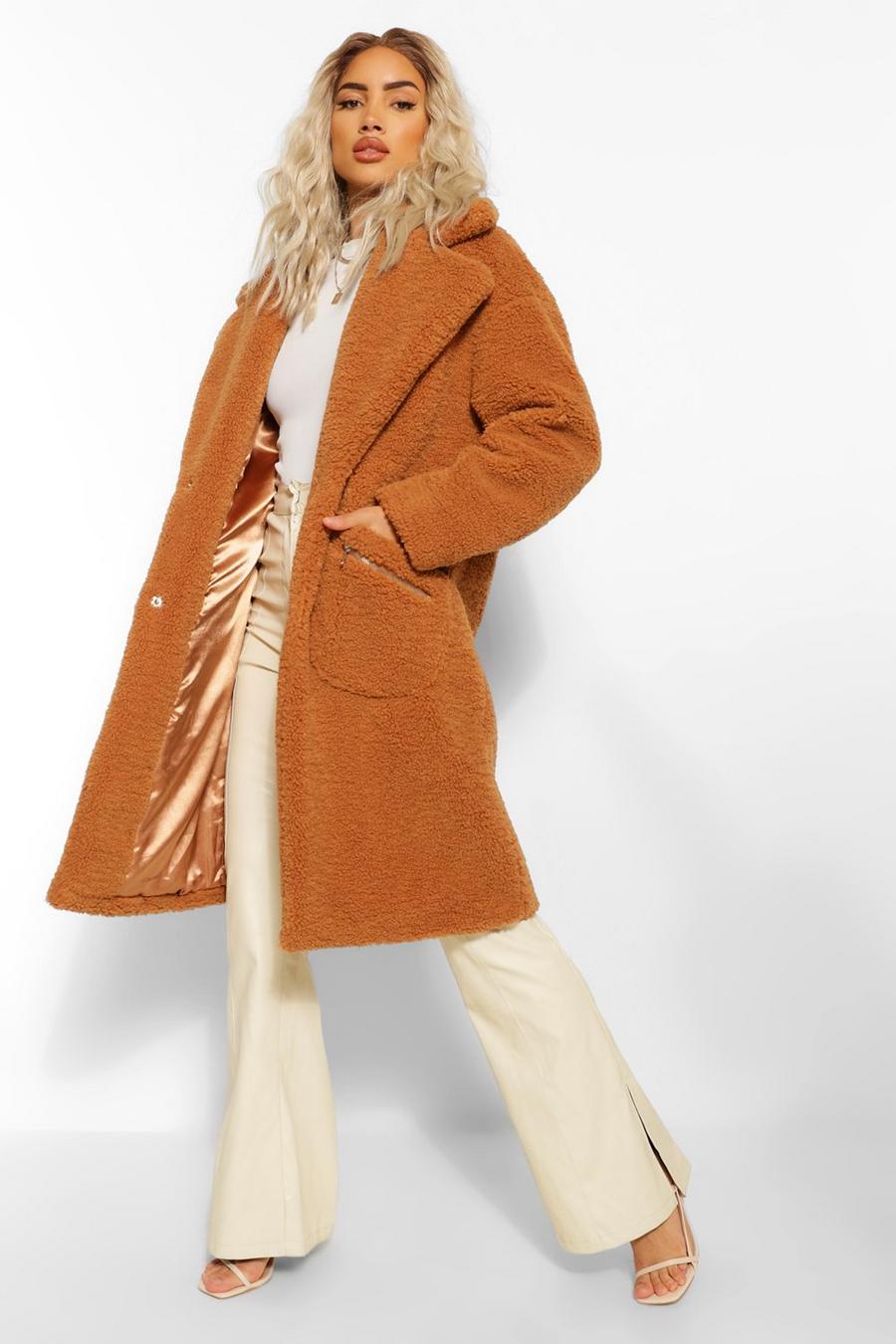 Mantel aus Teddy-Fake-Fur mit Taschendetail, Karamell image number 1