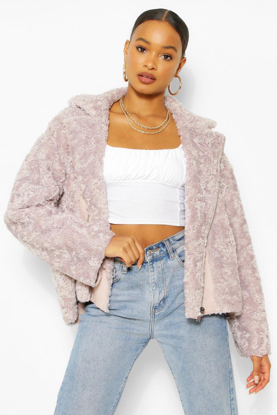 Lilac Oversized Faux Teddy Fur Aviator Jacket image number 1