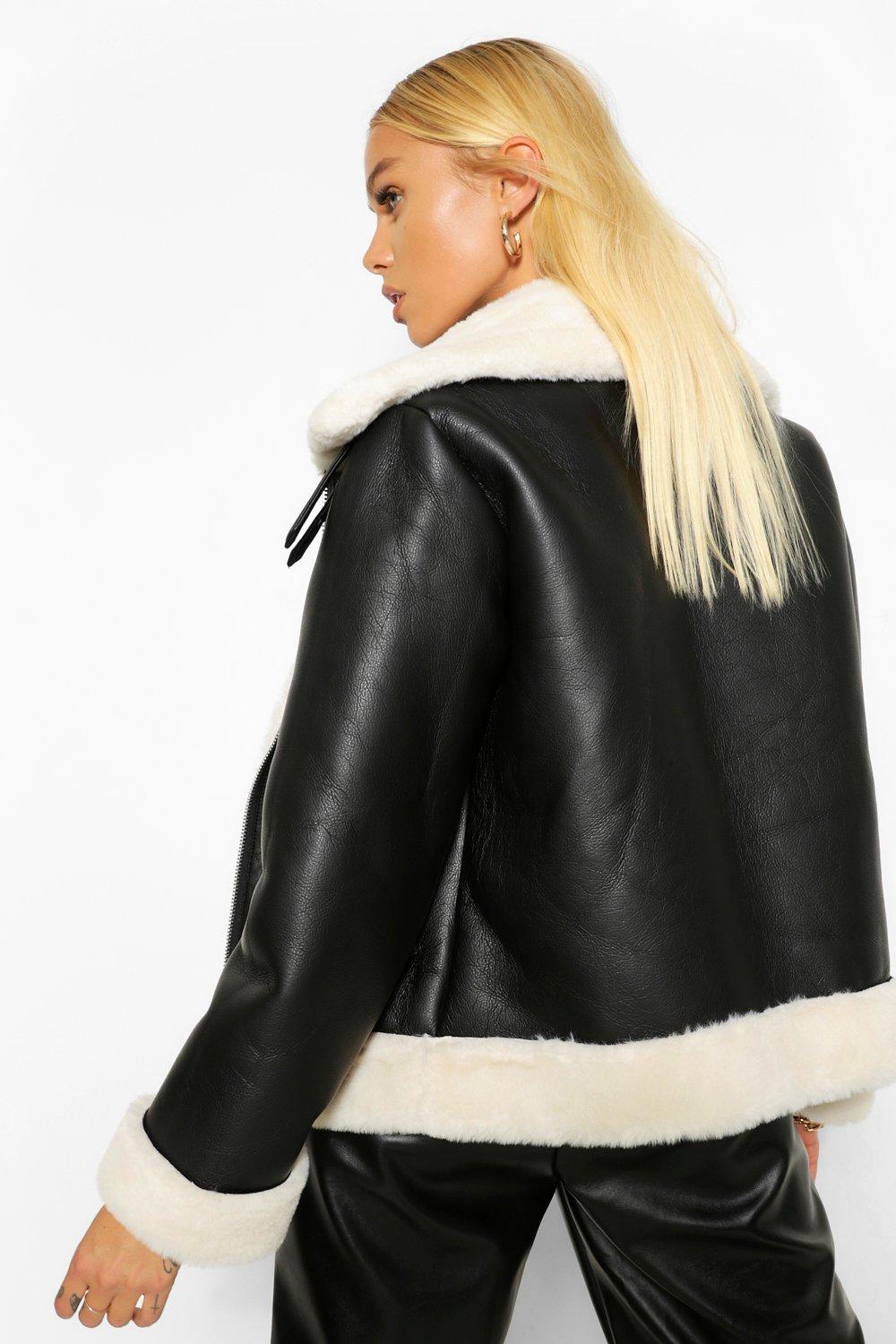 Black faux fur sleeve oversized hot sale aviator jacket