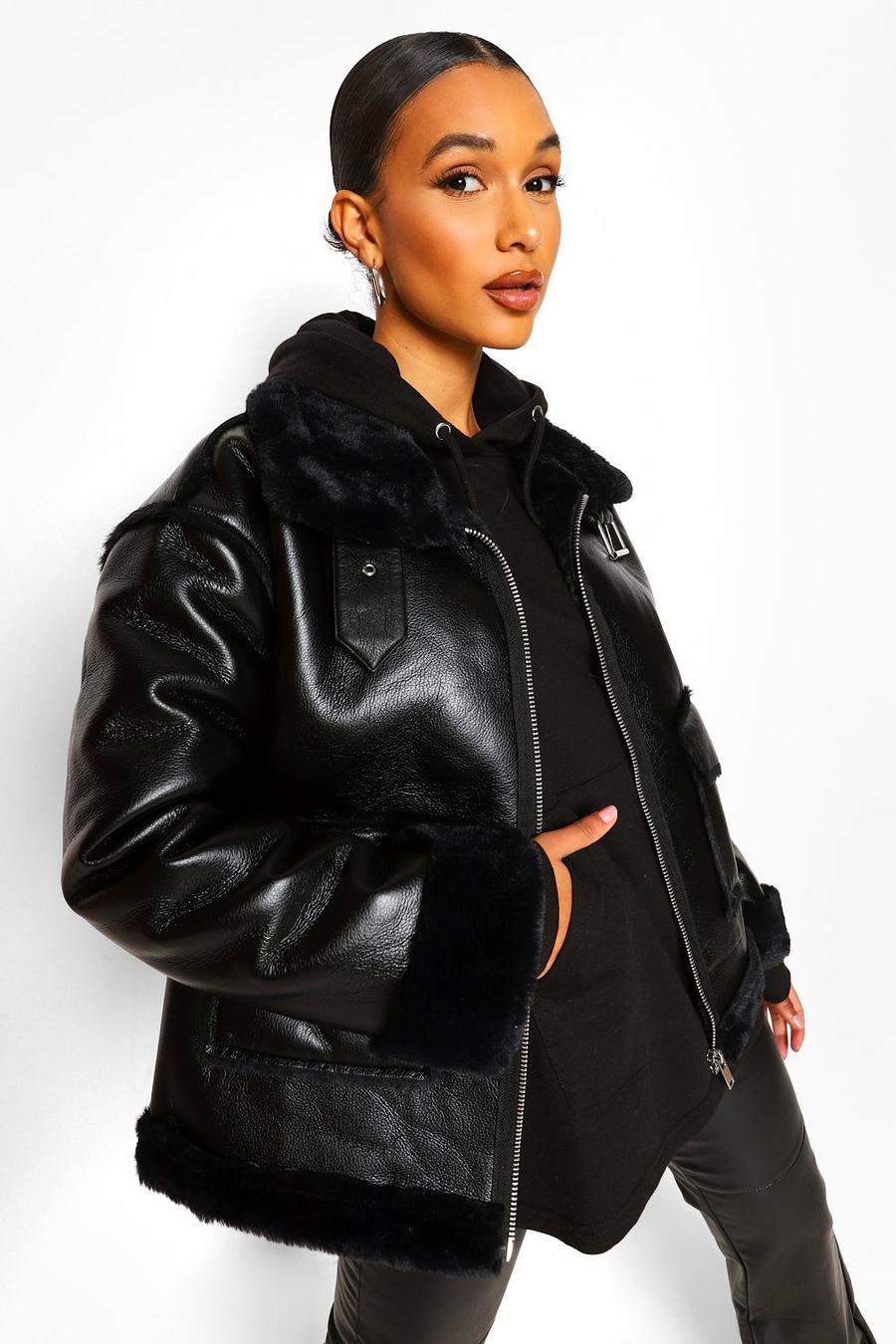 Faux Fur Lined Faux Leather Aviator image number 1