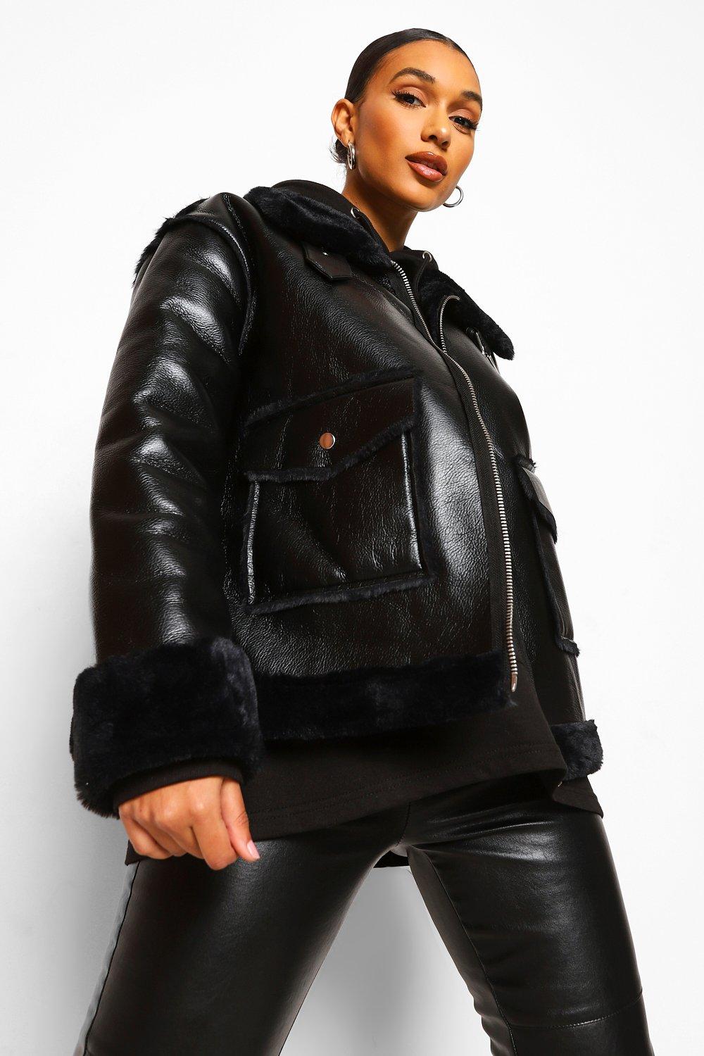 Faux Fur Lined Faux Leather Aviator Jacket