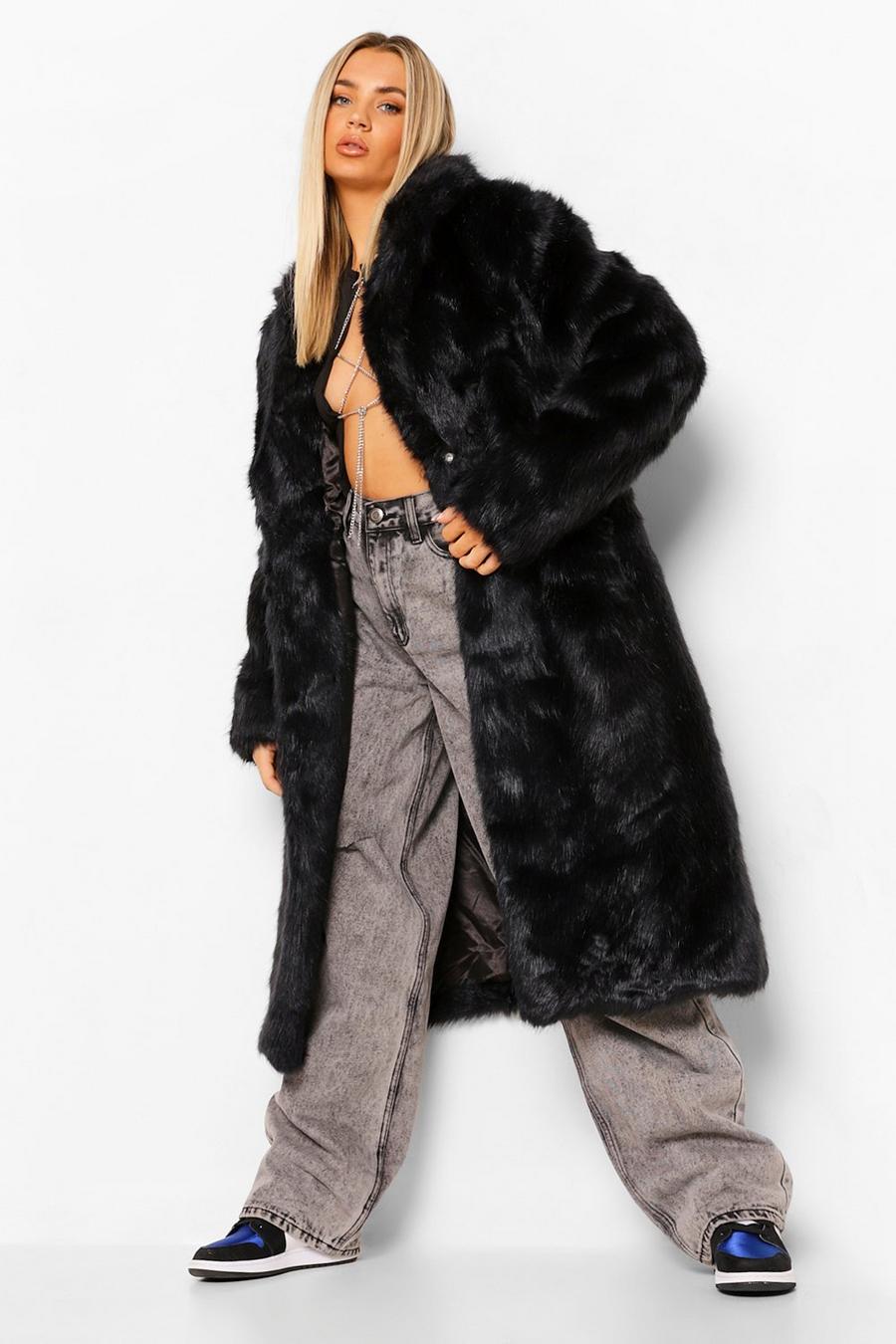 Abrigo largo de pelo sintético de luxe, Negro image number 1