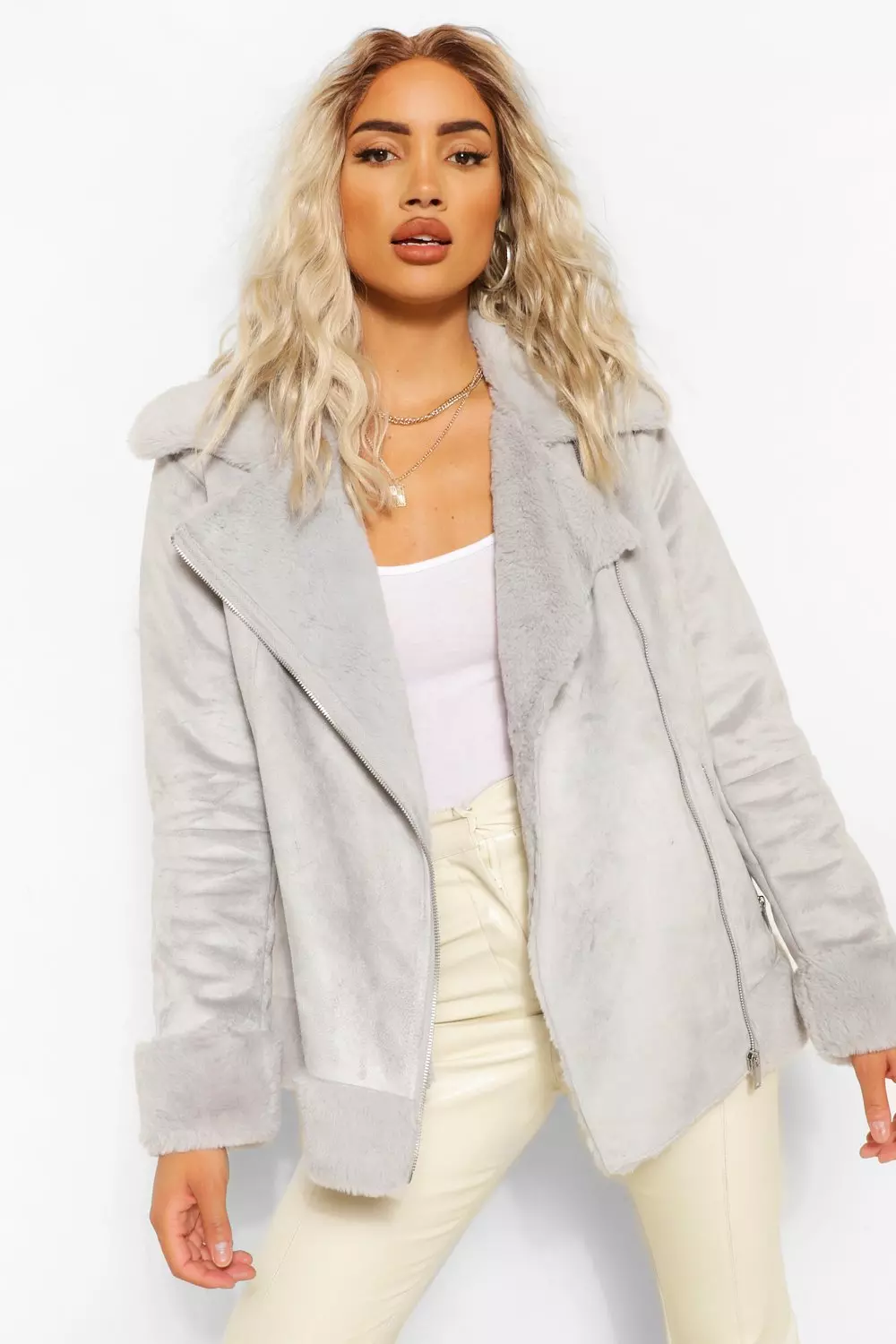 Grey faux hotsell fur aviator jacket