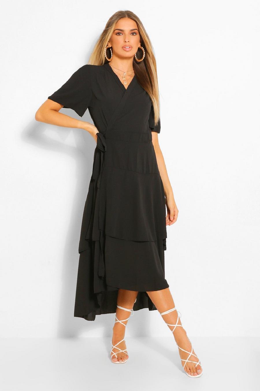 Black Wrap Belted Tiered Midi Dress image number 1