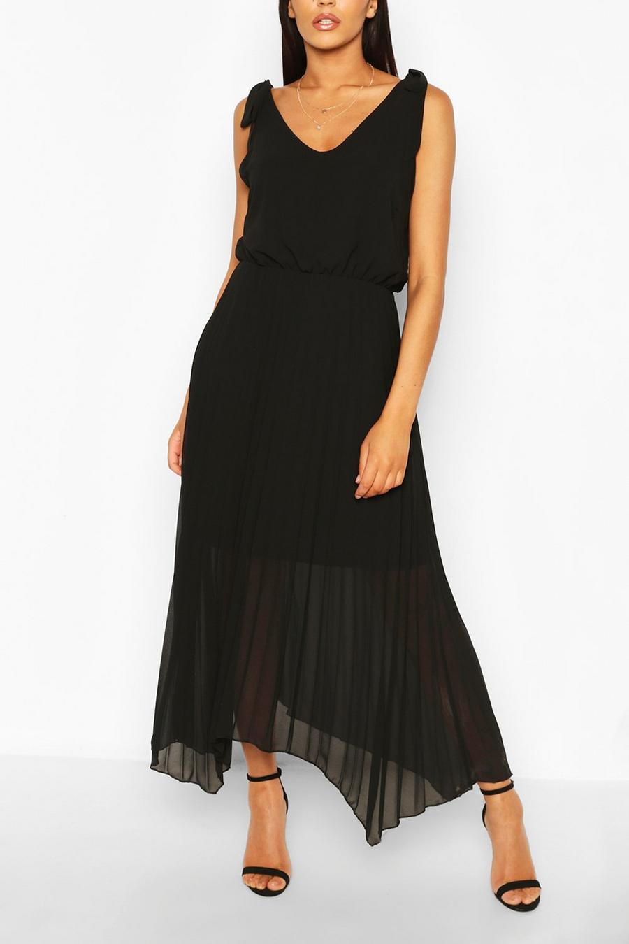 שחור שמלת מקסי חצאית קפלים עם כתפיות קשירה image number 1