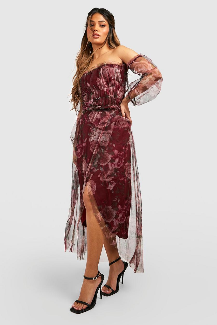 Berry Floral Mesh Ruched Maxi Dress image number 1