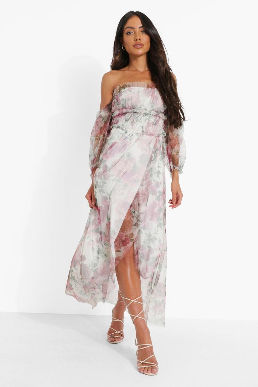 White Floral Mesh Ruched Maxi Dress