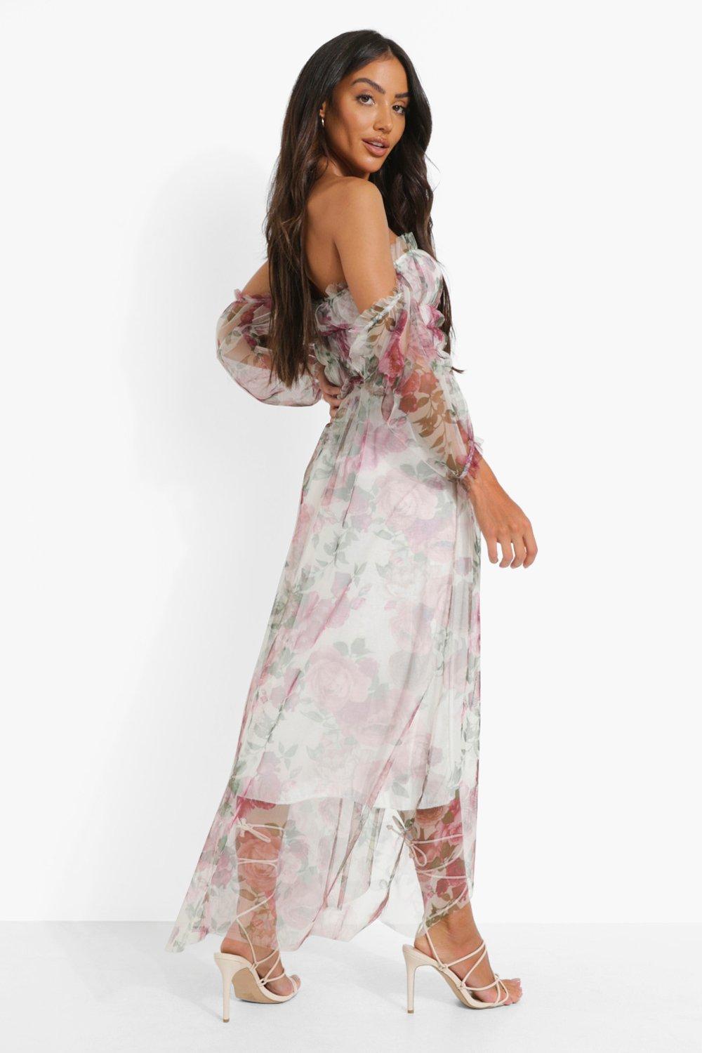 Floral Mesh Ruched Maxi Dress