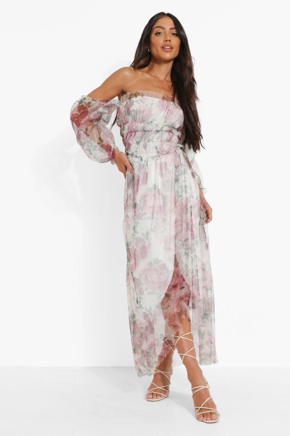 Women s Floral Mesh Ruched Maxi Dress Boohoo UK