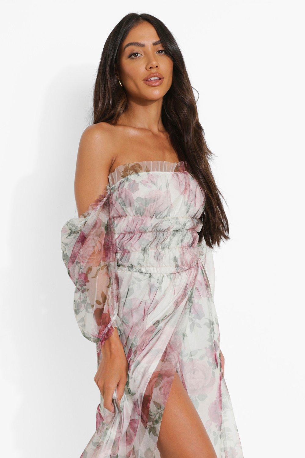 Floral Mesh Ruched Maxi Dress | boohoo