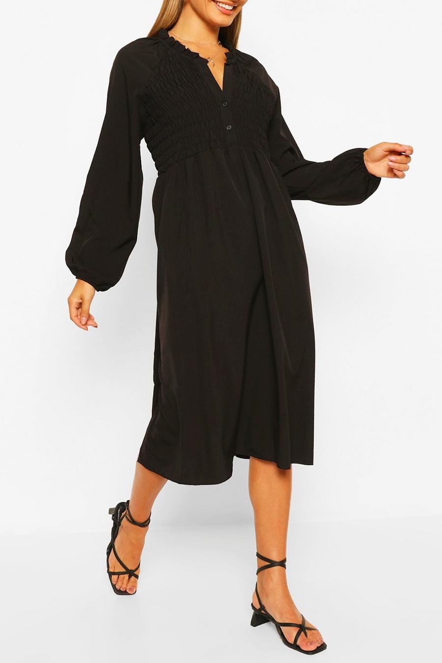 Black Oversized Shirred Detail Midi Smock Dress image number 1