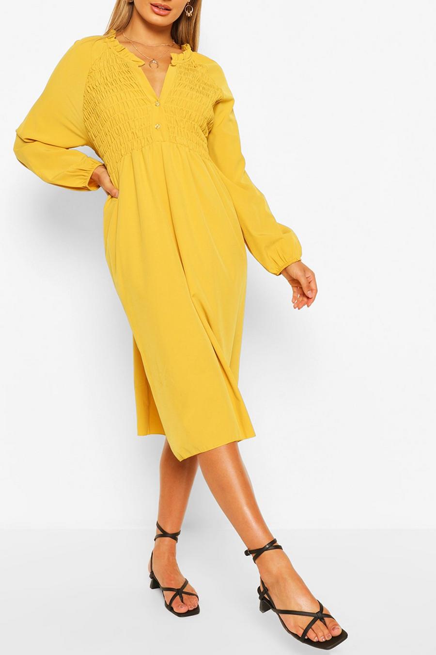 Mustard Oversized Shirred Detail Midi Smock Dress image number 1